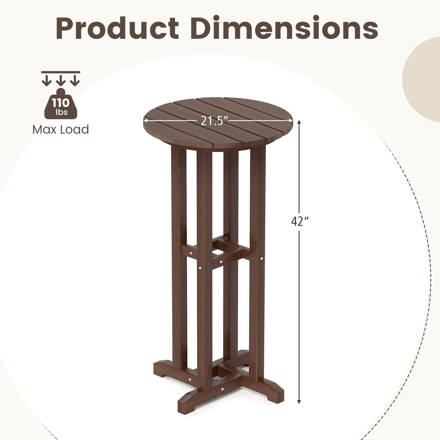 21.5 Inch Round Bar Table Patio HDPE Bar Height Dining Table with Slatted Tabletop, Brown Patio Bar Furniture at Gallery Canada