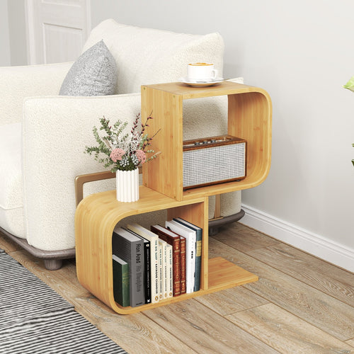 2-Tier S-Shaped Bamboo Bookcase with 2 Open Cubes for Living Room, Natural