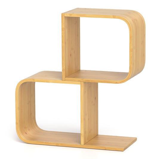 2-Tier S-Shaped Bamboo Bookcase with 2 Open Cubes for Living Room, Natural Bookcases Natural at Gallery Canada