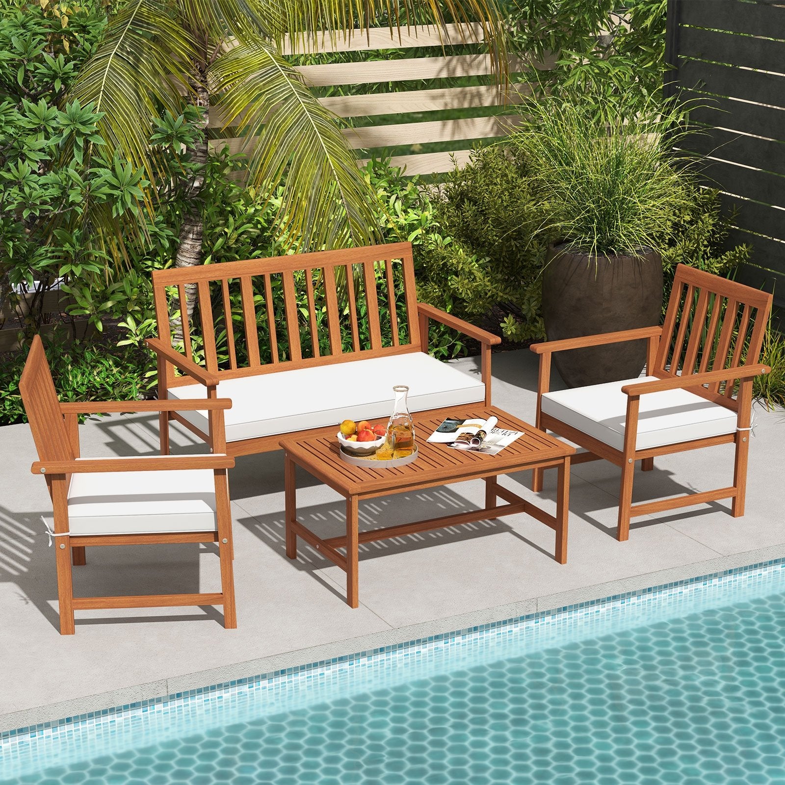 4 Pieces Acacia Wood Furniture Set with Seat Cushions and Robust Wood Frame, White Patio Conversation Sets at Gallery Canada