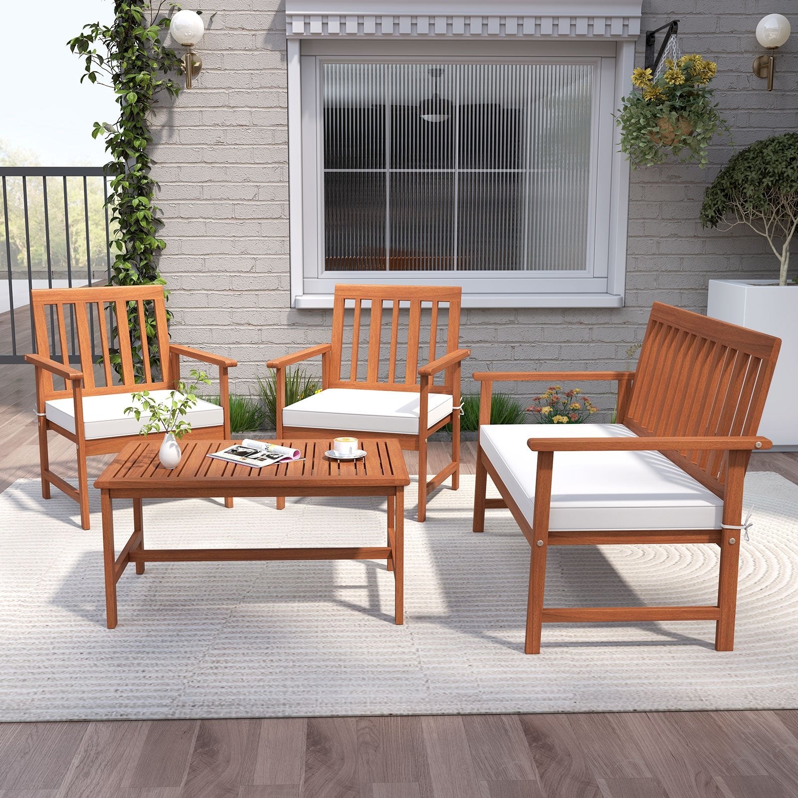 4 Pieces Acacia Wood Furniture Set with Seat Cushions and Robust Wood Frame, White Patio Conversation Sets at Gallery Canada