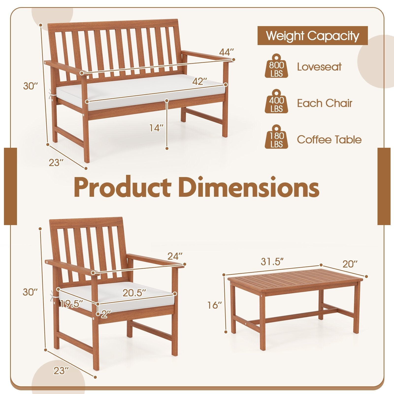 4 Pieces Acacia Wood Furniture Set with Seat Cushions and Robust Wood Frame, White Patio Conversation Sets at Gallery Canada