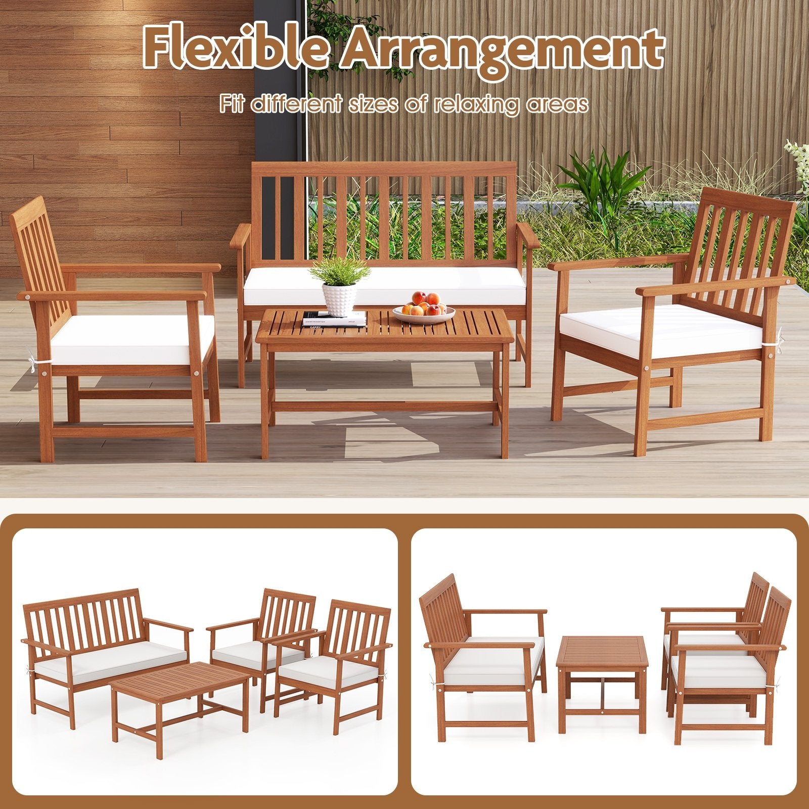 4 Pieces Acacia Wood Furniture Set with Seat Cushions and Robust Wood Frame, White Patio Conversation Sets at Gallery Canada