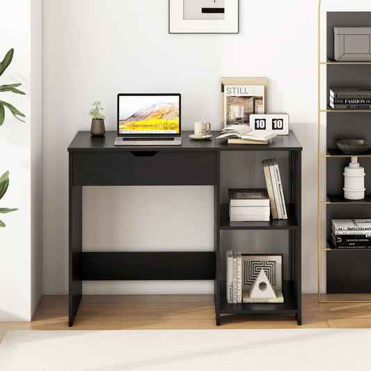 Space Saving Computer Desk with Hidden Compartment and Open Storage Shelves, Black Computer Desks Black at Gallery Canada