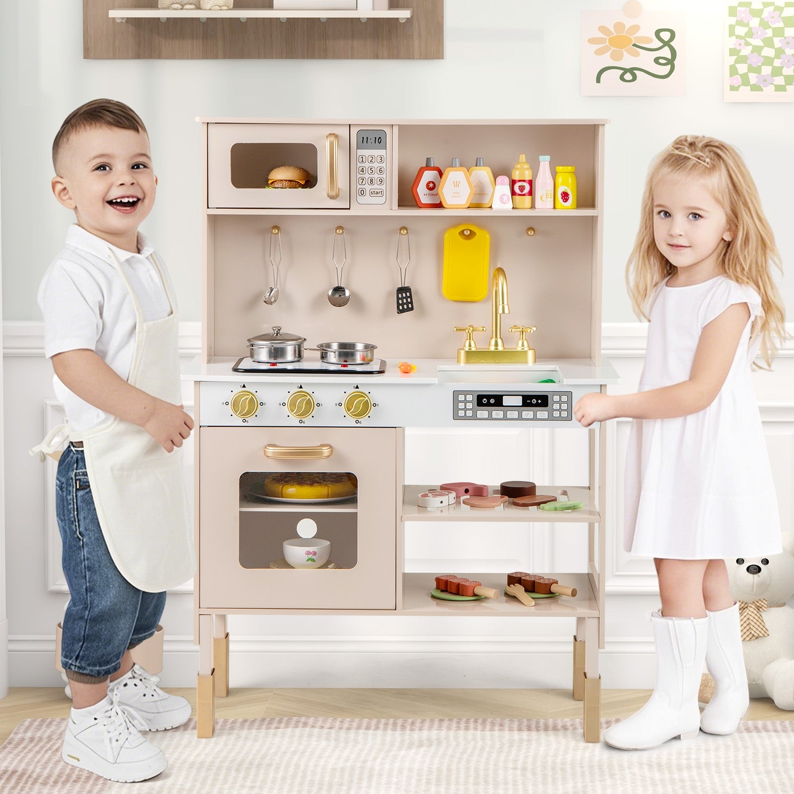 Play Kitchen Height Adjustable with Microwave and Lights and Sounds, Pink Play Kitchen Sets at Gallery Canada