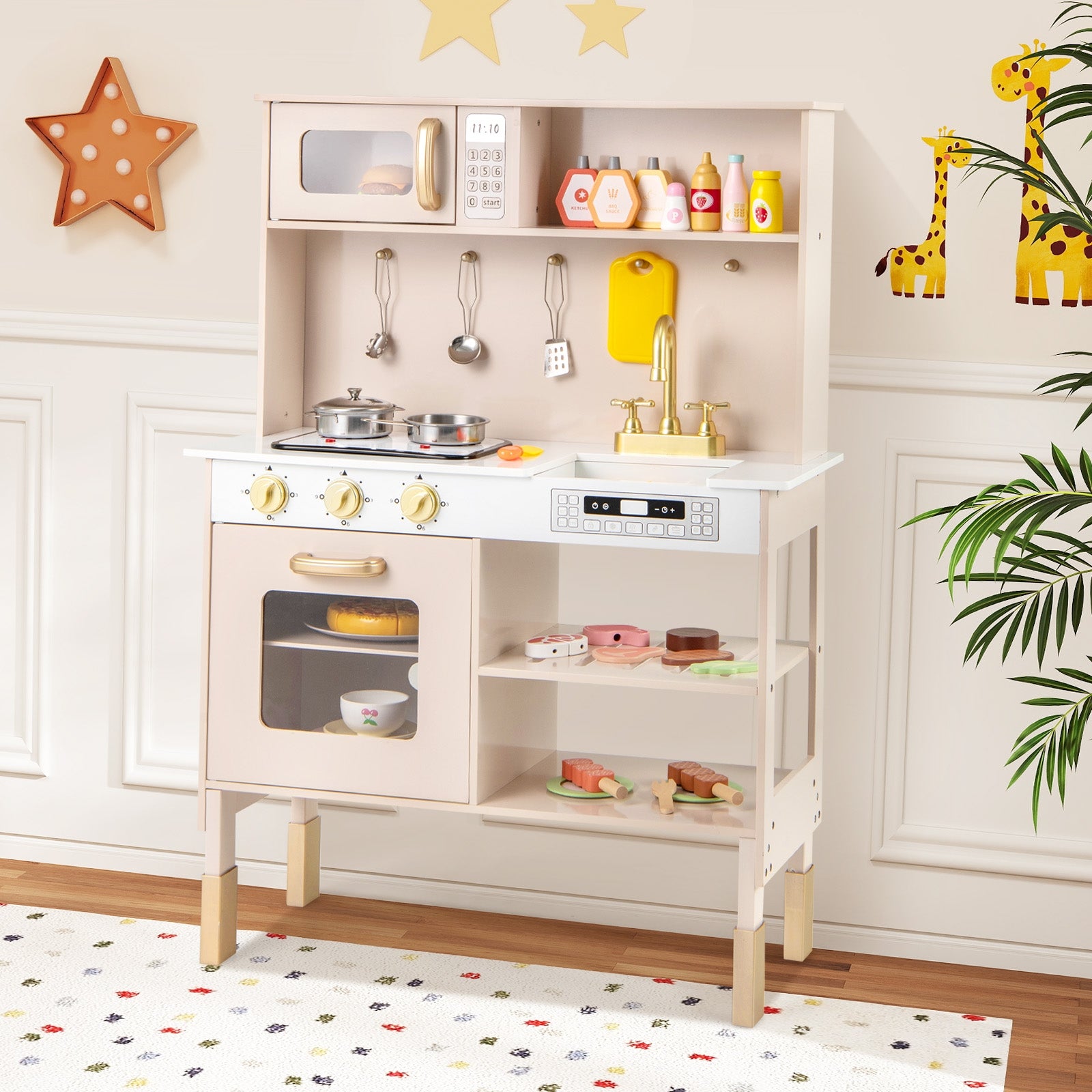 Play Kitchen Height Adjustable with Microwave and Lights and Sounds, Pink Play Kitchen Sets at Gallery Canada