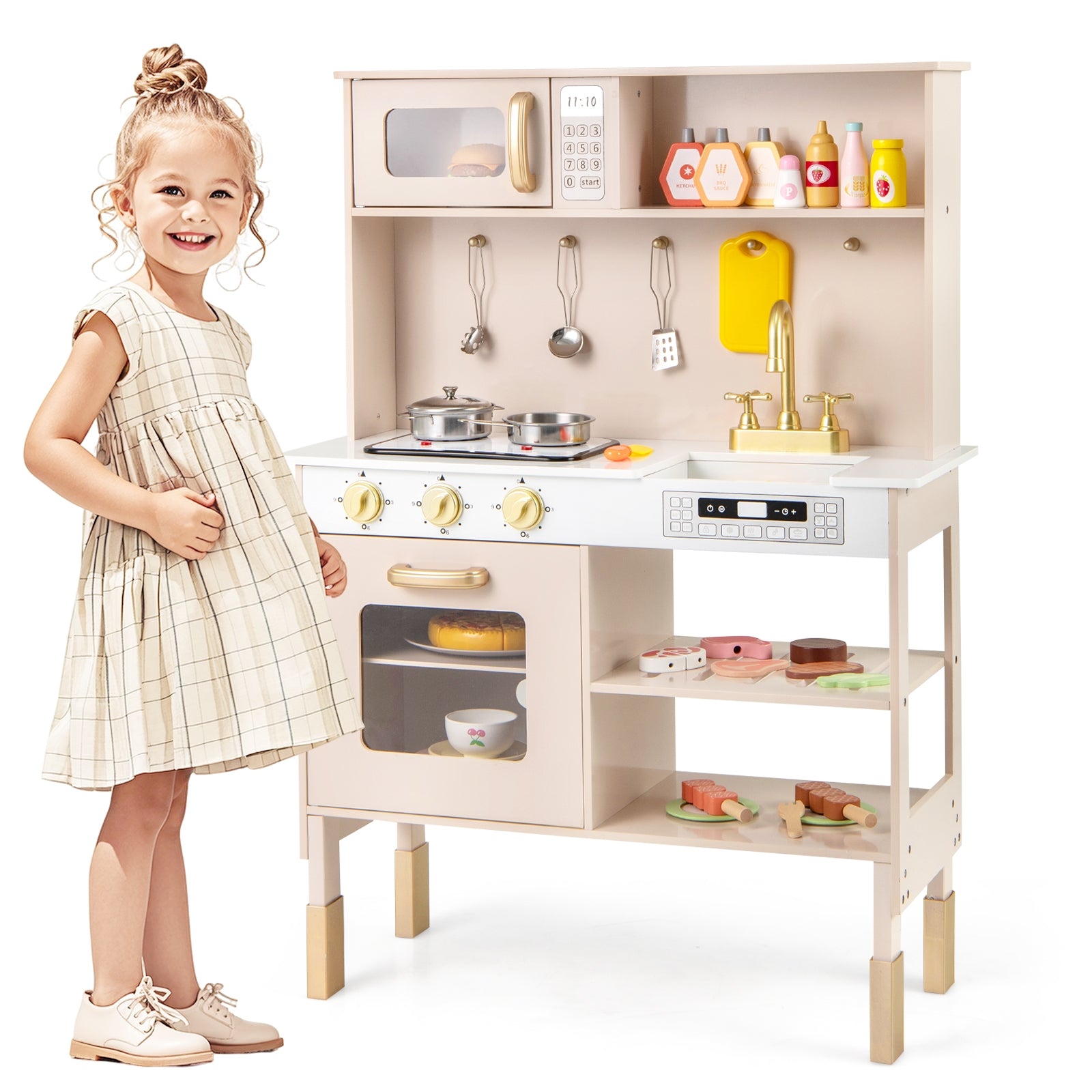 Play Kitchen Height Adjustable with Microwave and Lights and Sounds, Pink Play Kitchen Sets at Gallery Canada