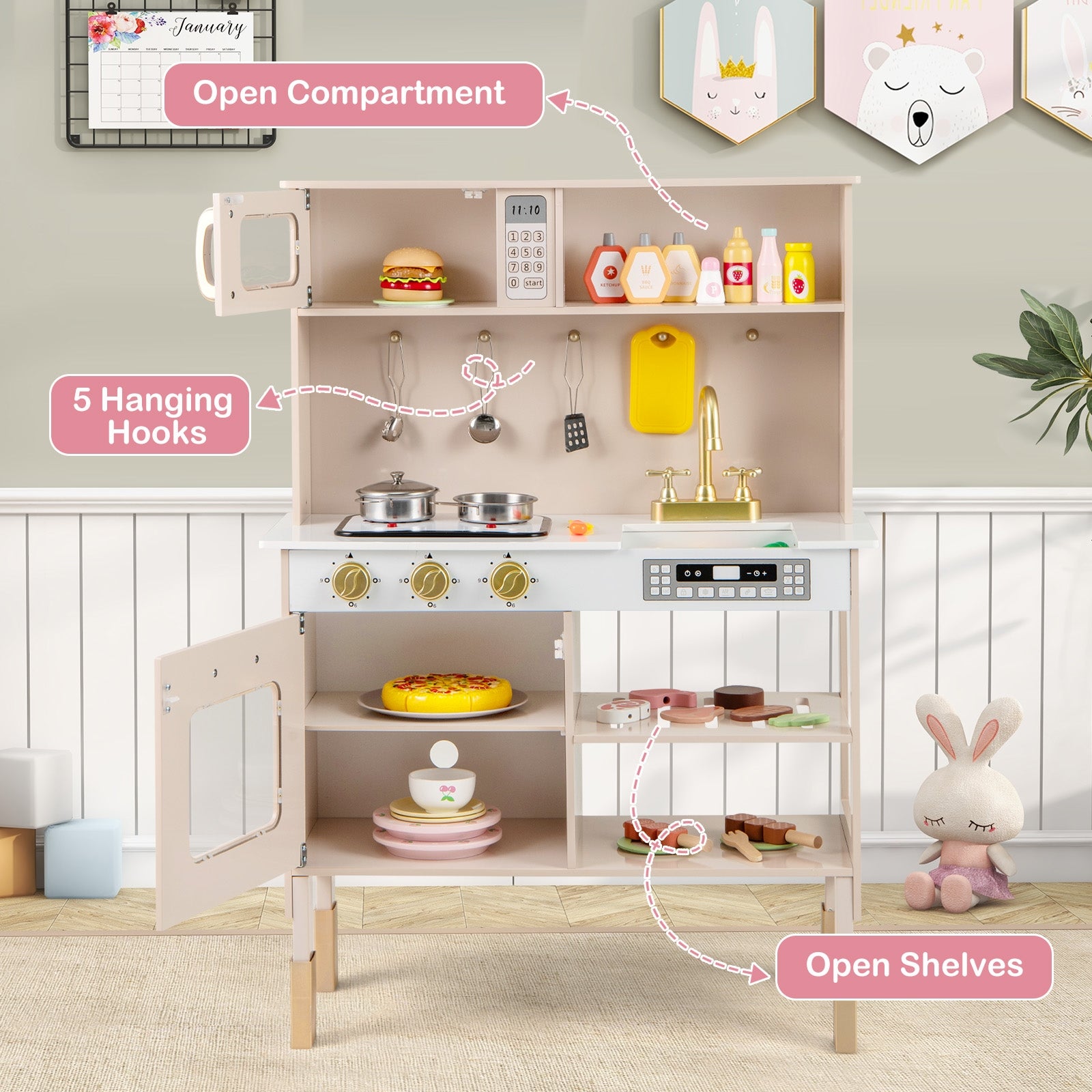 Play Kitchen Height Adjustable with Microwave and Lights and Sounds, Pink Play Kitchen Sets at Gallery Canada