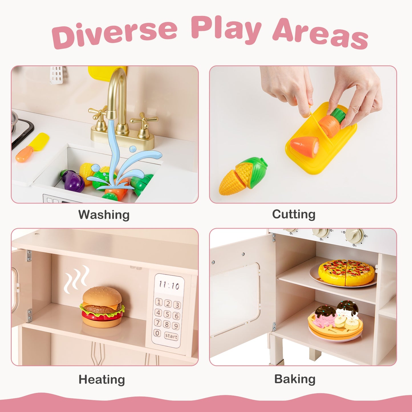 Play Kitchen Height Adjustable with Microwave and Lights and Sounds, Pink Play Kitchen Sets at Gallery Canada