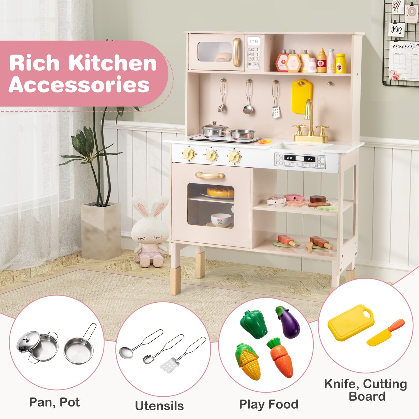 Play Kitchen Height Adjustable with Microwave and Lights and Sounds, Pink Play Kitchen Sets at Gallery Canada