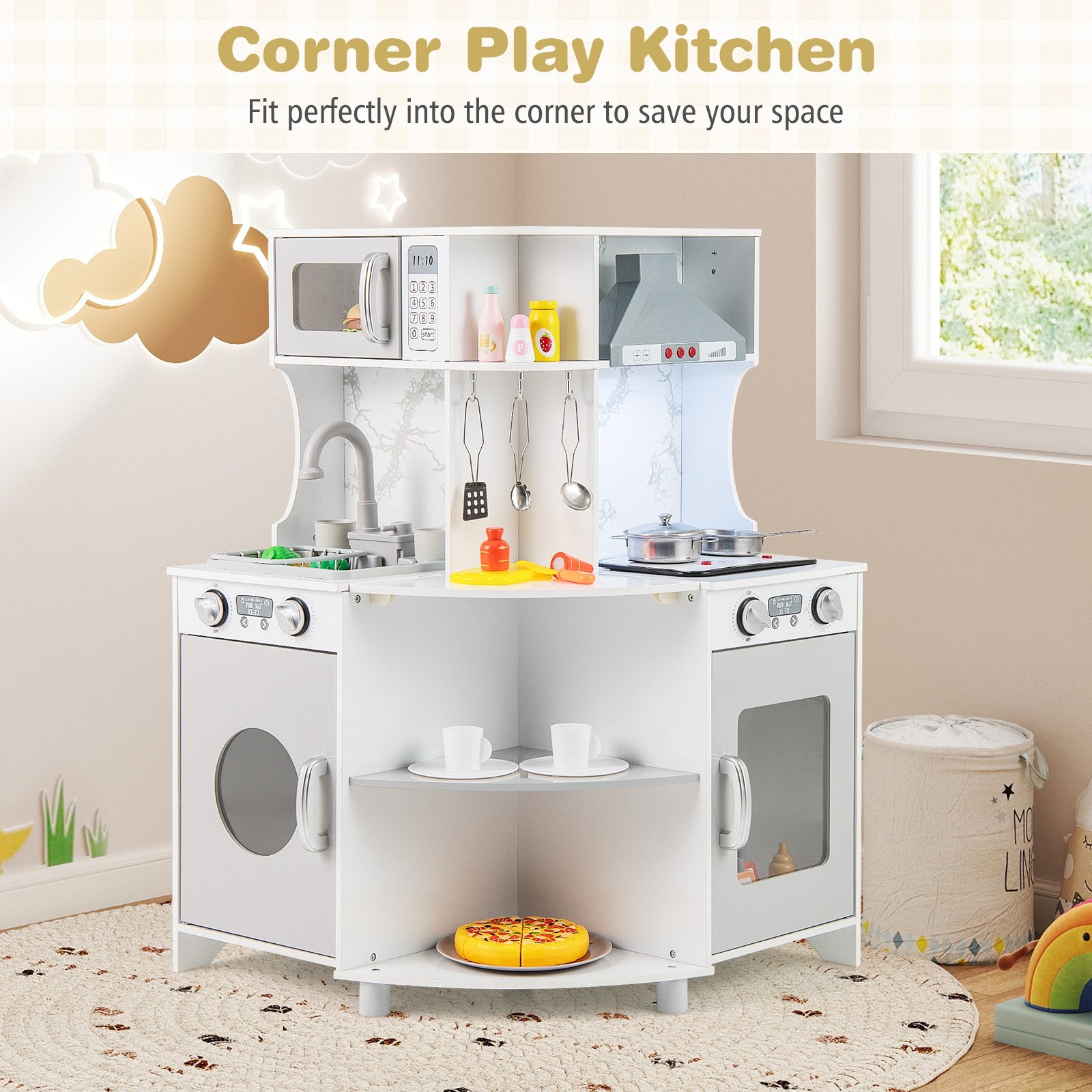 Kids Corner Wooden Play Kitchen with Range Hood and Stoves, Gray Play Kitchen Sets at Gallery Canada