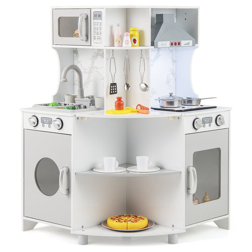 Kids Corner Wooden Play Kitchen with Range Hood and Stoves, Gray