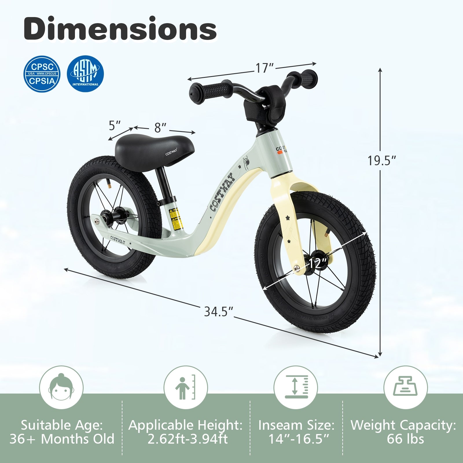 12-Inch Balance Bike with Adjustable Seat and Rotatable Handlebar for Over 36 Months Old, Green Balance Bikes at Gallery Canada