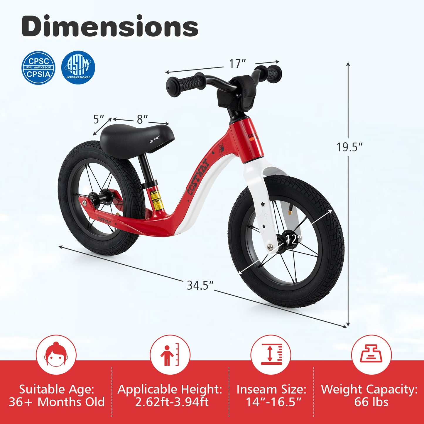 12-Inch Balance Bike with Adjustable Seat and Rotatable Handlebar for Over 36 Months Old, Red Balance Bikes   at Gallery Canada