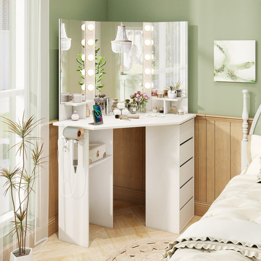 Corner Vanity Desk with 3-Color LED Lighted Mirror and Power Outlet, White Makeup Vanities White at Gallery Canada