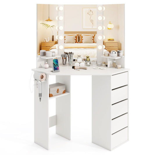 Corner Vanity Desk with 3-Color LED Lighted Mirror and Power Outlet, White Makeup Vanities White at Gallery Canada