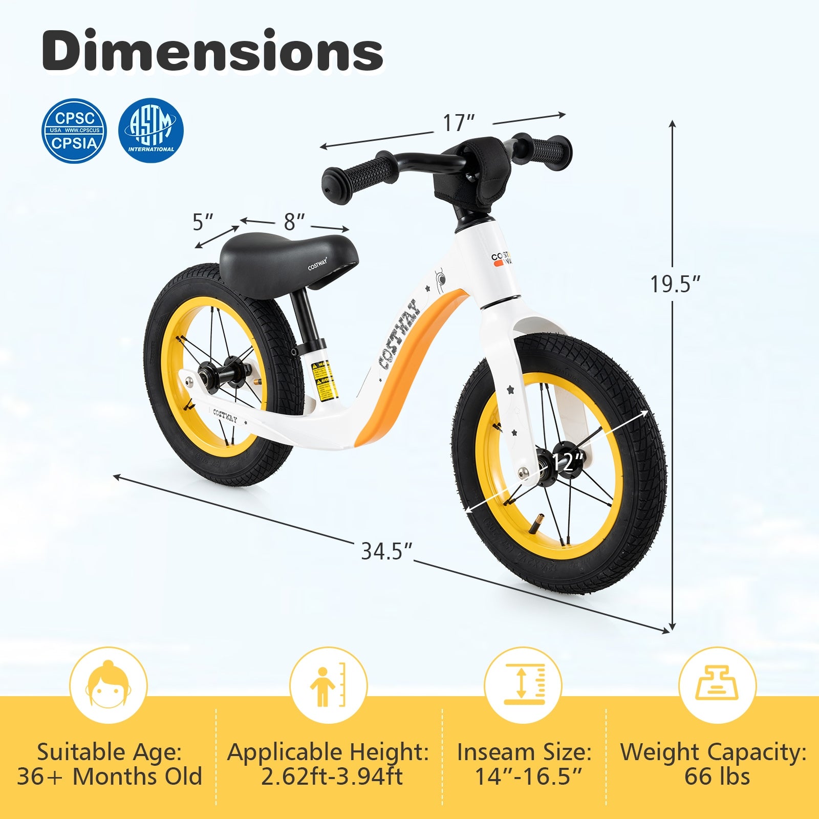 12-Inch Balance Bike with Adjustable Seat and Rotatable Handlebar for Over 36 Months Old, White Balance Bikes   at Gallery Canada