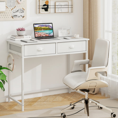 Space Saving Home Office Desk with 2 Fabric Drawers and 4 Hanging Hooks, White