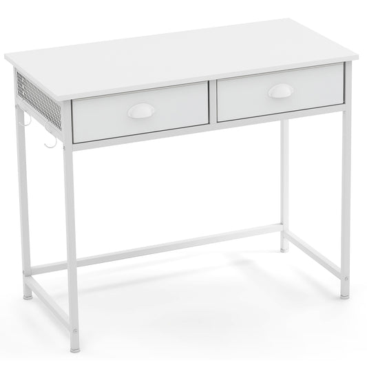 Space Saving Home Office Desk with 2 Fabric Drawers and 4 Hanging Hooks, White Computer Desks White at Gallery Canada