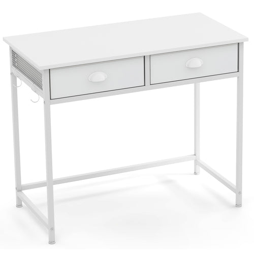 Space Saving Home Office Desk with 2 Fabric Drawers and 4 Hanging Hooks, White