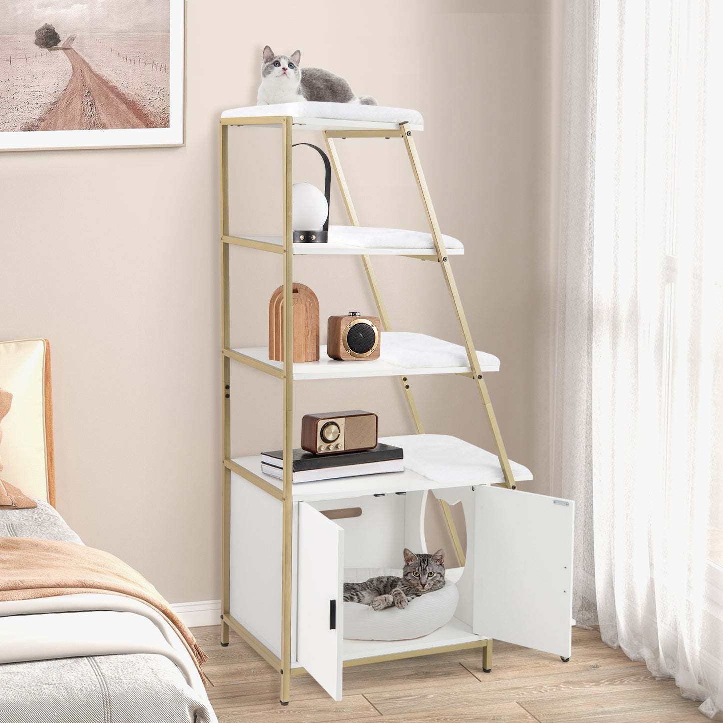 Large Cat Litter Box Enclosure with Storage and Ladder Shelf, White Cat Houses at Gallery Canada