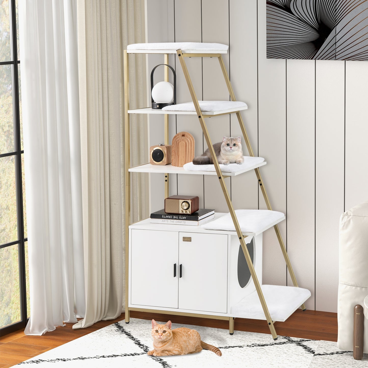 Large Cat Litter Box Enclosure with Storage and Ladder Shelf, White Cat Houses at Gallery Canada