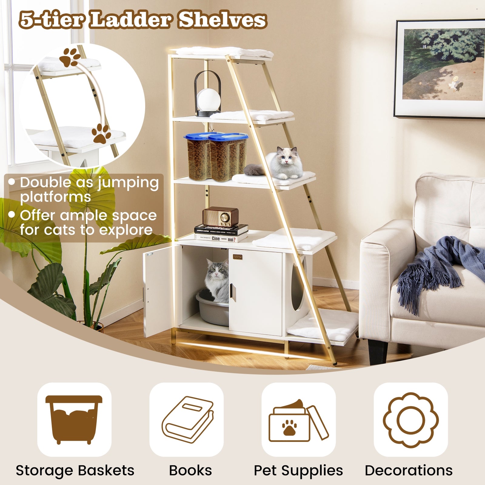 Large Cat Litter Box Enclosure with Storage and Ladder Shelf, White Cat Houses at Gallery Canada