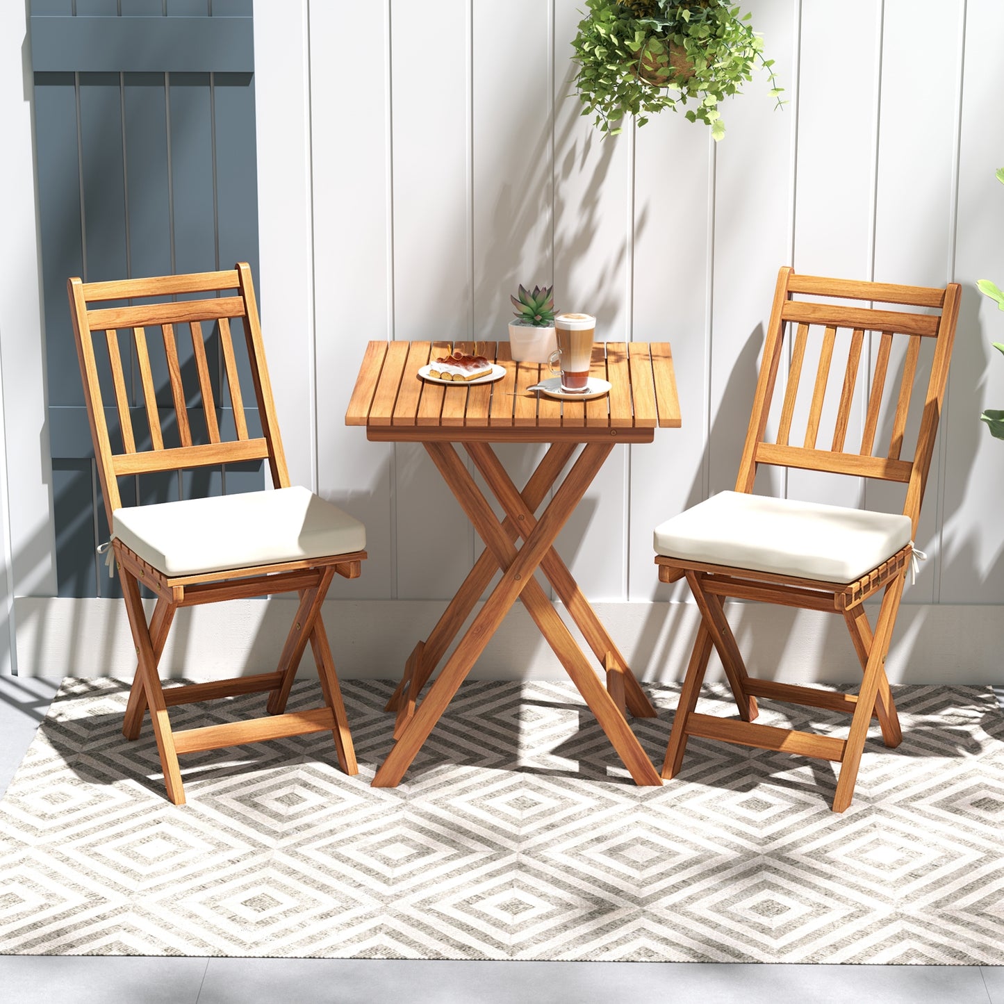 Outdoor Wood Bistro Set with Soft Seat Cushions and Table, White Patio Conversation Sets at Gallery Canada