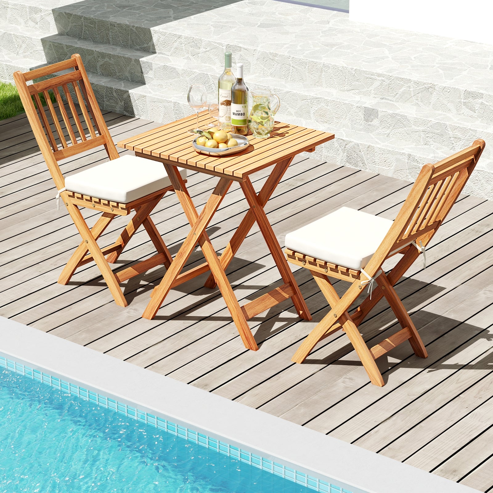 Outdoor Wood Bistro Set with Soft Seat Cushions and Table, White Patio Conversation Sets at Gallery Canada