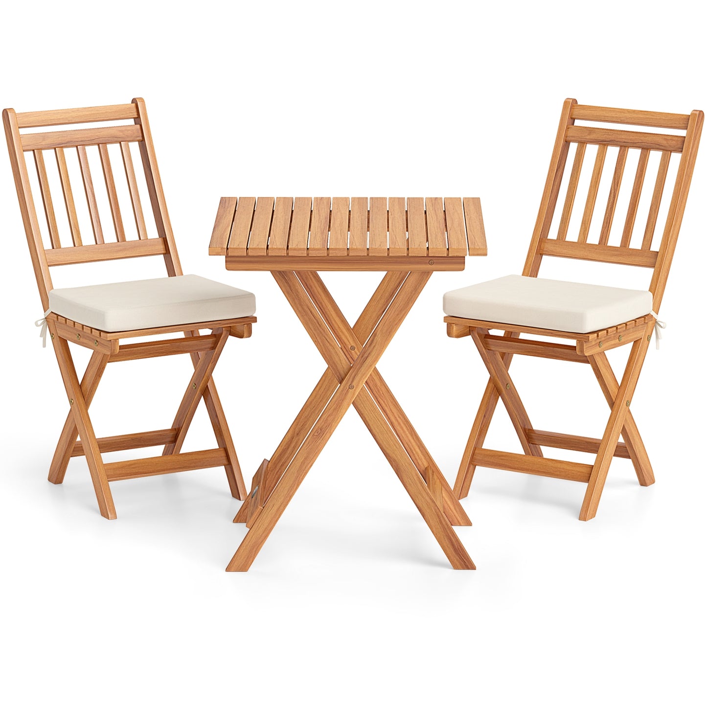 Outdoor Wood Bistro Set with Soft Seat Cushions and Table, White Patio Conversation Sets White at Gallery Canada