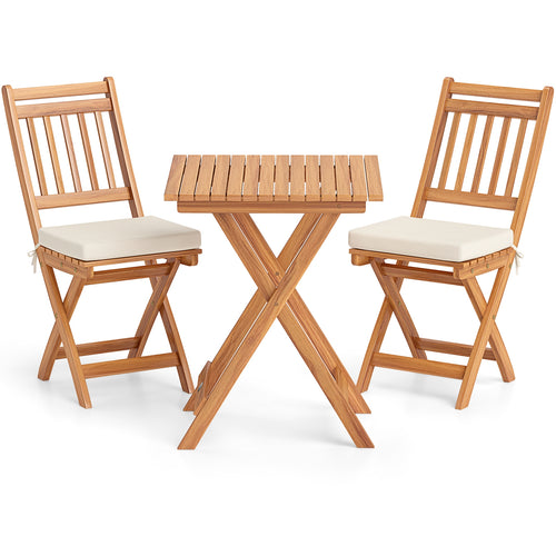 Outdoor Wood Bistro Set with Soft Seat Cushions and Table, White