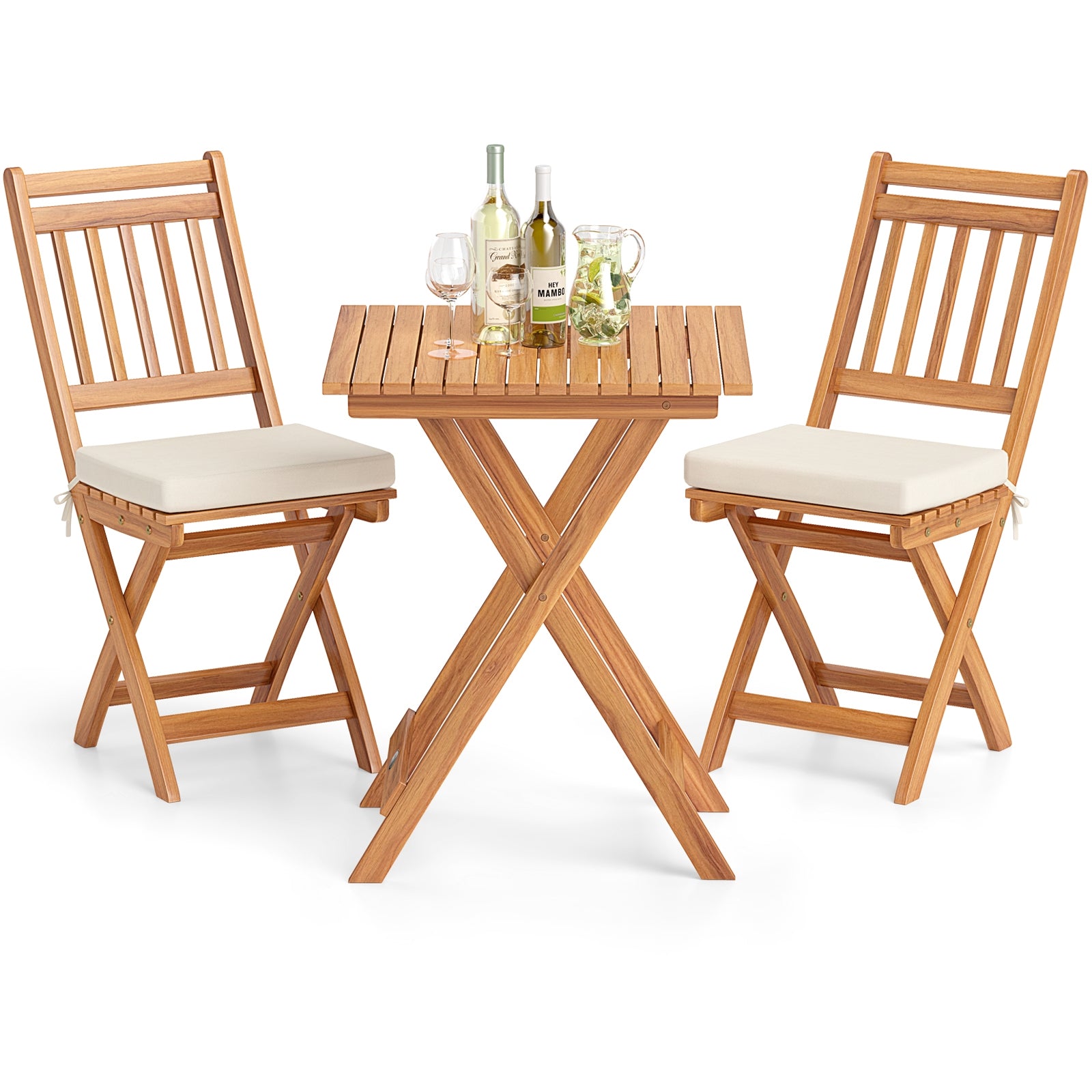 Outdoor Wood Bistro Set with Soft Seat Cushions and Table, White Patio Conversation Sets at Gallery Canada