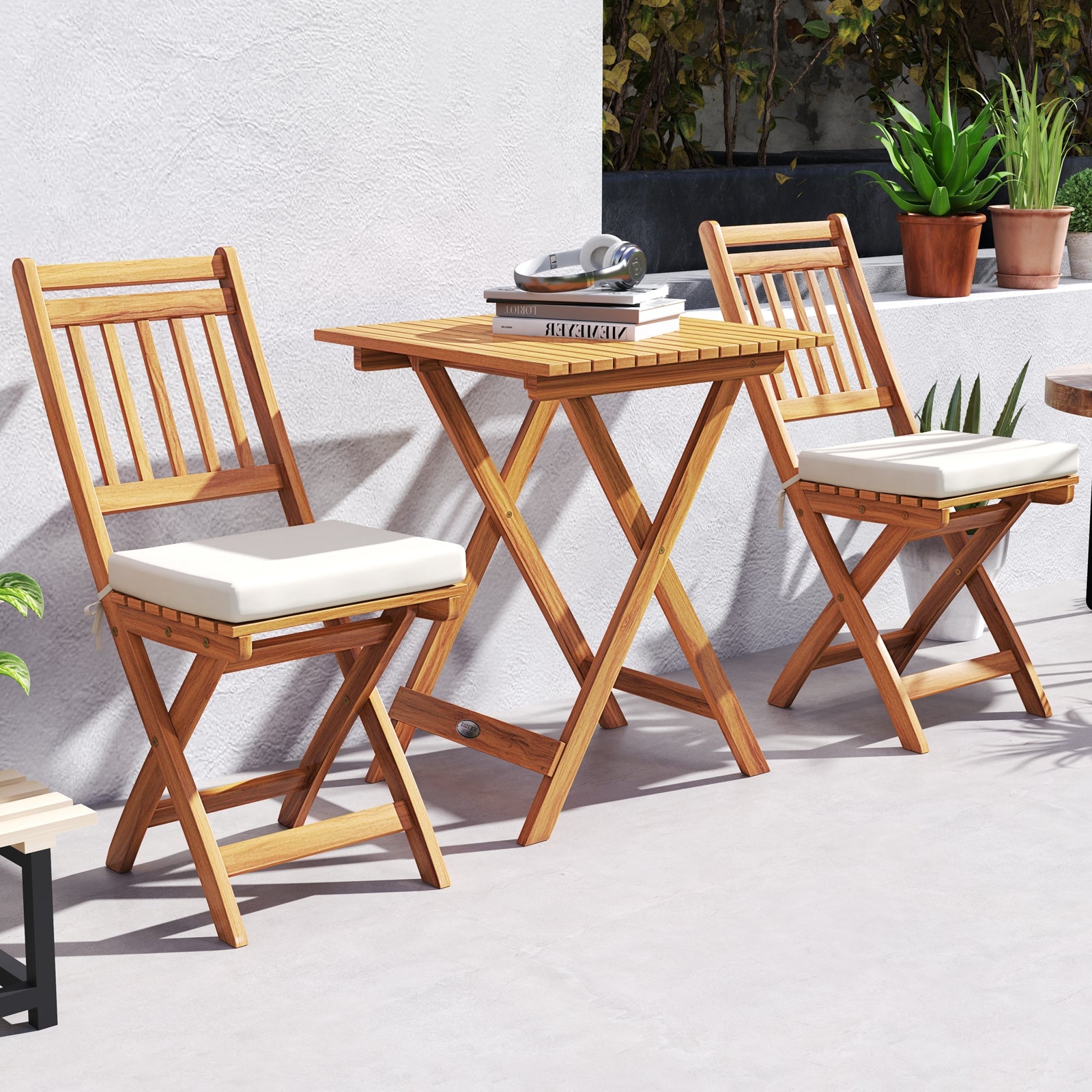 Outdoor Wood Bistro Set with Soft Seat Cushions and Table, White Patio Conversation Sets at Gallery Canada