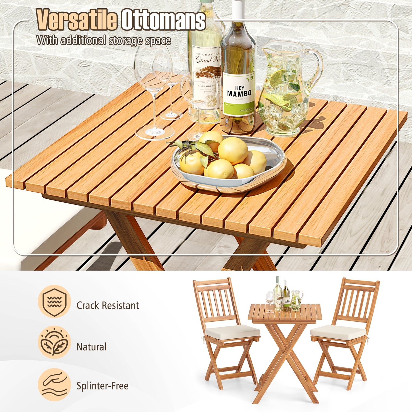 Outdoor Wood Bistro Set with Soft Seat Cushions and Table, White Patio Conversation Sets at Gallery Canada