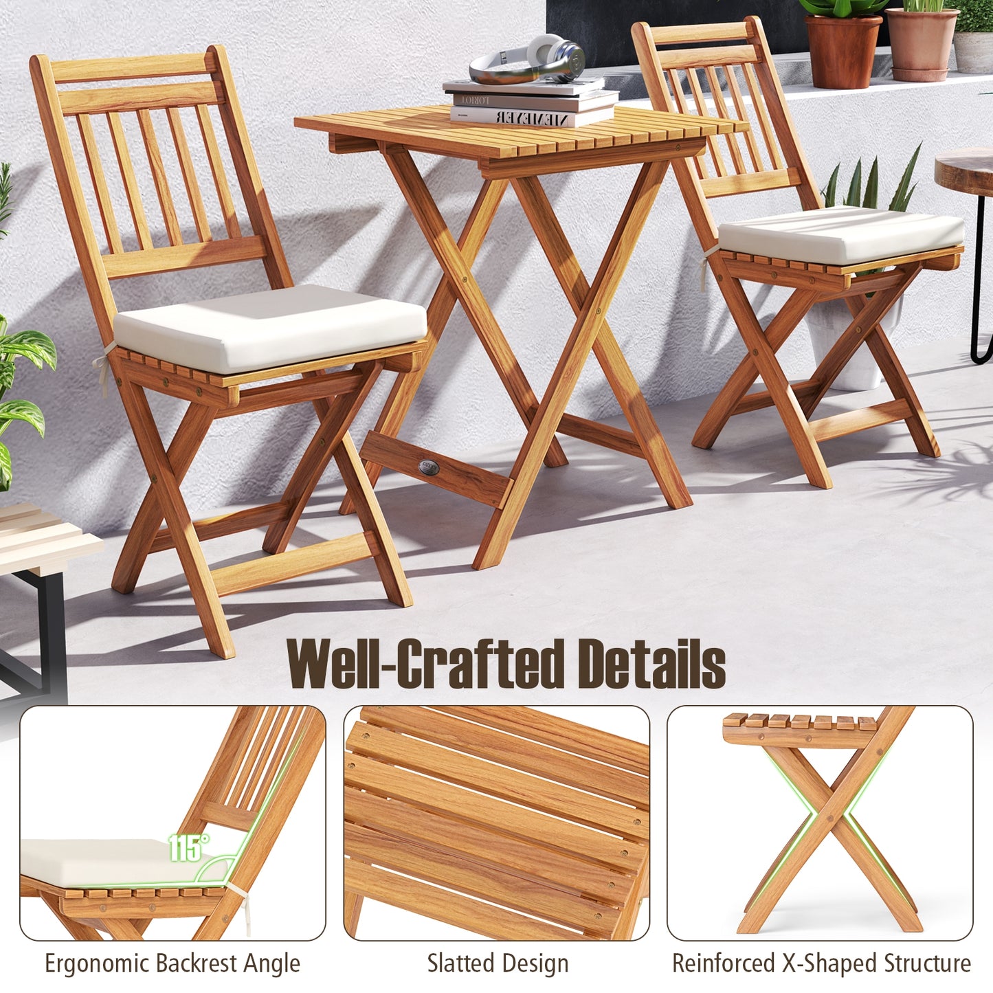 Outdoor Wood Bistro Set with Soft Seat Cushions and Table, White Patio Conversation Sets at Gallery Canada