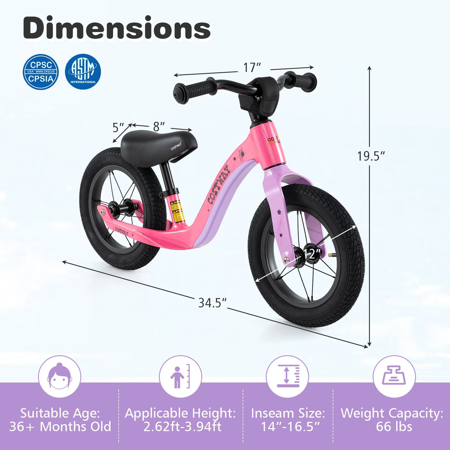 12-Inch Balance Bike with Adjustable Seat and Rotatable Handlebar for Over 36 Months Old, Pink Balance Bikes   at Gallery Canada