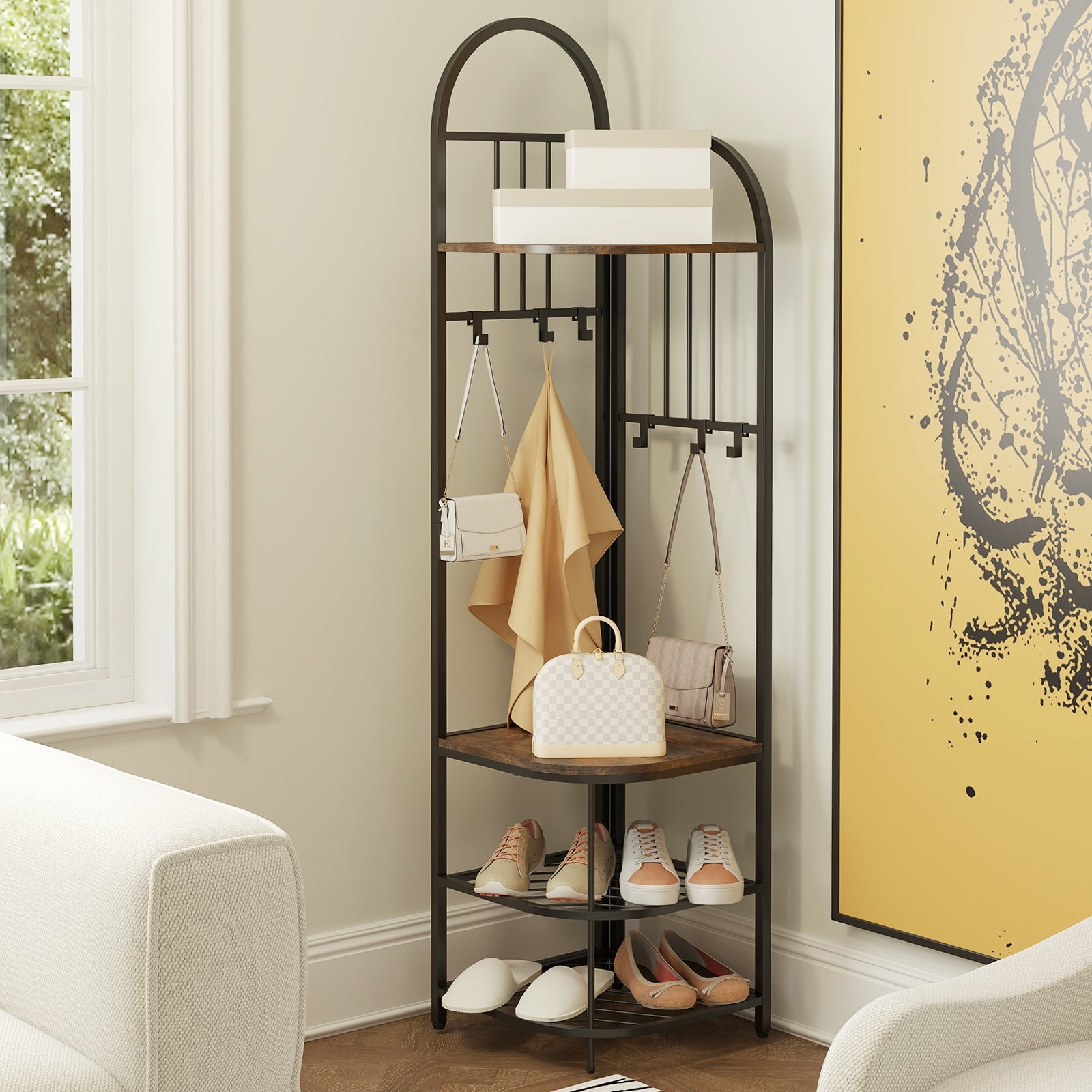4-Tier Coat Rack Corner Hall Tree with Shoe Storage Bench, Rustic Brown Shoe Racks & Storage Benches at Gallery Canada