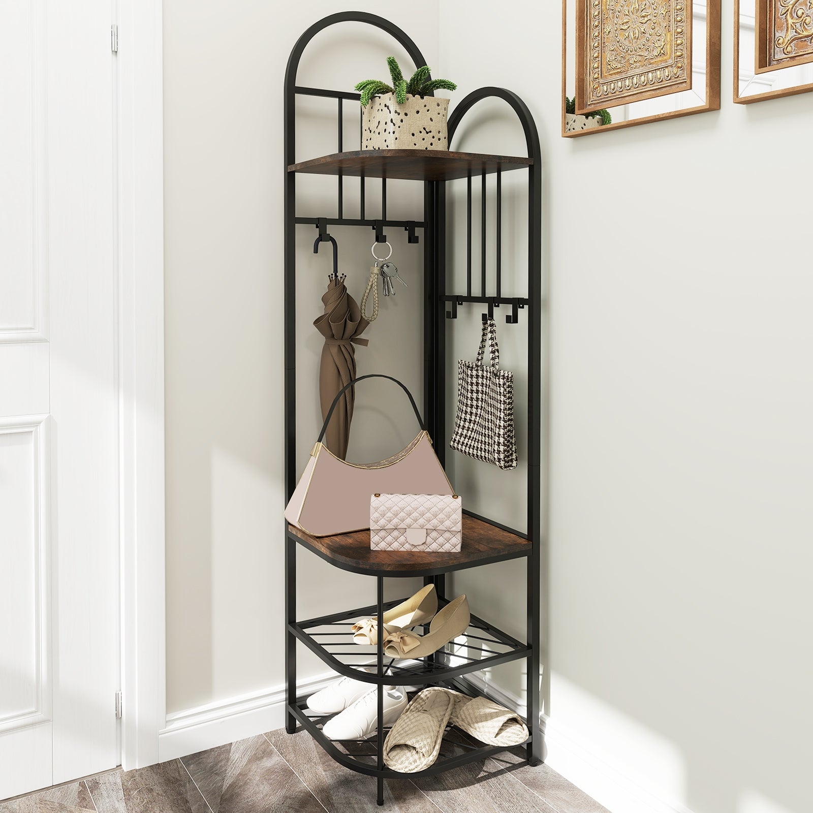 4-Tier Coat Rack Corner Hall Tree with Shoe Storage Bench, Rustic Brown Shoe Racks & Storage Benches at Gallery Canada