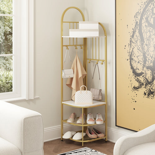 4-Tier Coat Rack Corner Hall Tree with Shoe Storage Bench, White