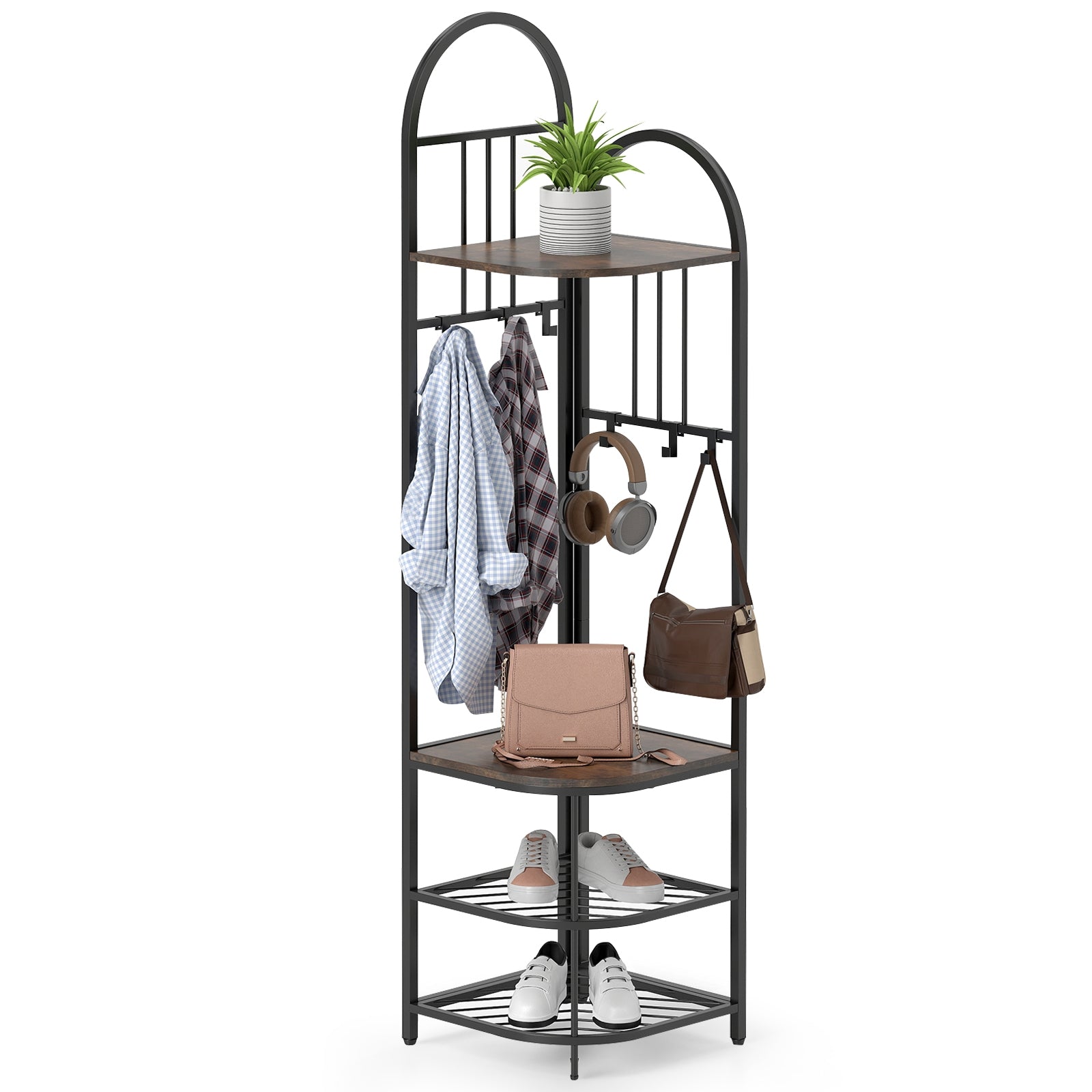 4-Tier Coat Rack Corner Hall Tree with Shoe Storage Bench, Rustic Brown Shoe Racks & Storage Benches at Gallery Canada