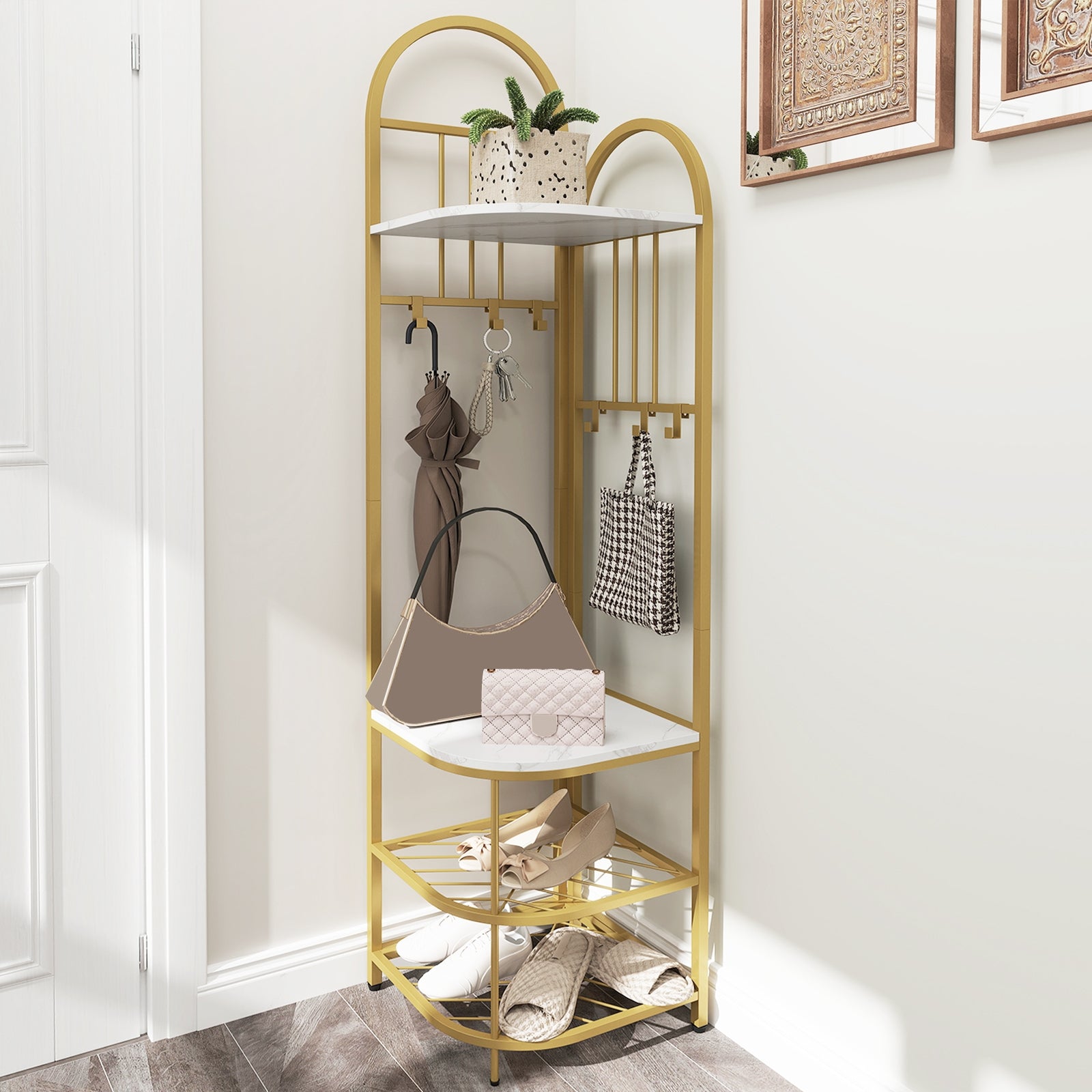 4-Tier Coat Rack Corner Hall Tree with Shoe Storage Bench, White Shoe Racks & Storage Benches at Gallery Canada