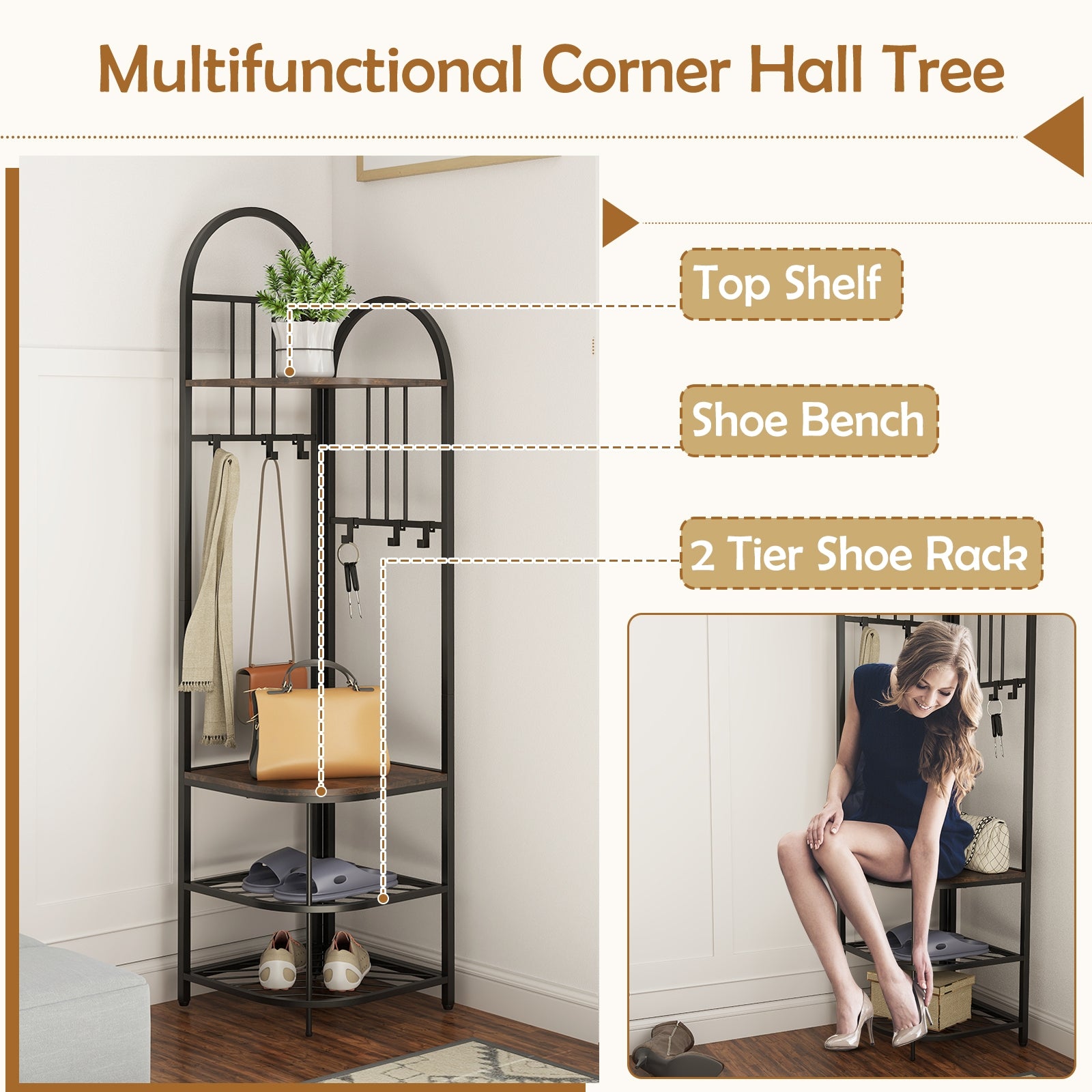 4-Tier Coat Rack Corner Hall Tree with Shoe Storage Bench, Rustic Brown Shoe Racks & Storage Benches at Gallery Canada
