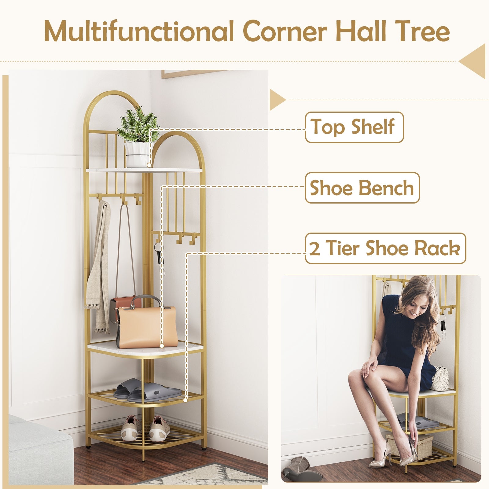 4-Tier Coat Rack Corner Hall Tree with Shoe Storage Bench, White Shoe Racks & Storage Benches at Gallery Canada