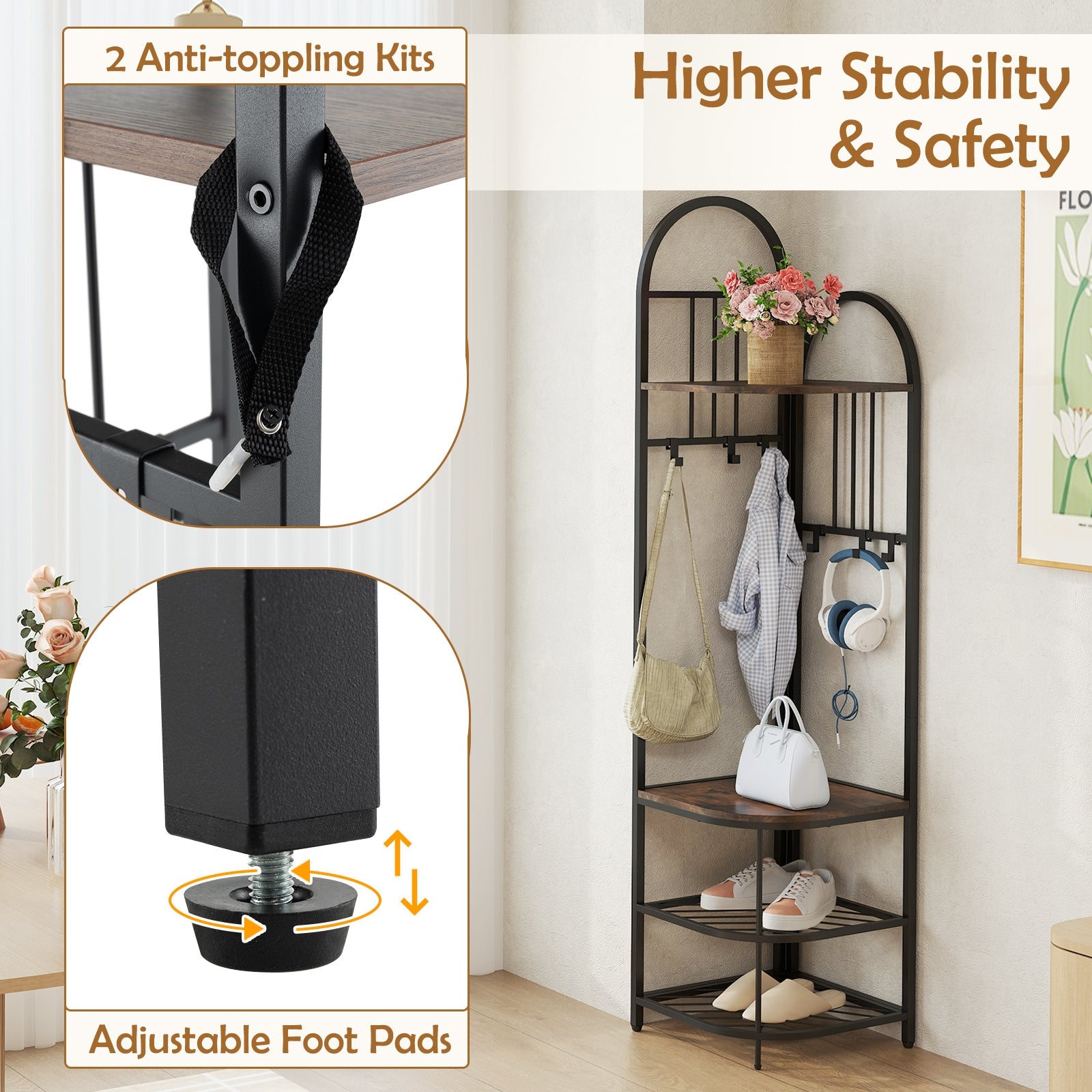 4-Tier Coat Rack Corner Hall Tree with Shoe Storage Bench, Rustic Brown Shoe Racks & Storage Benches at Gallery Canada