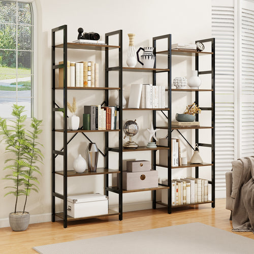 5-tier Triple Wide Heavy-duty Metal Frame Industrial Bookshelf, Rustic Brown