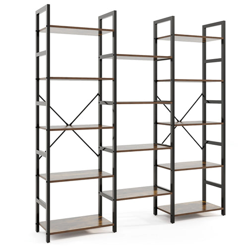 5-tier Triple Wide Heavy-duty Metal Frame Industrial Bookshelf, Rustic Brown