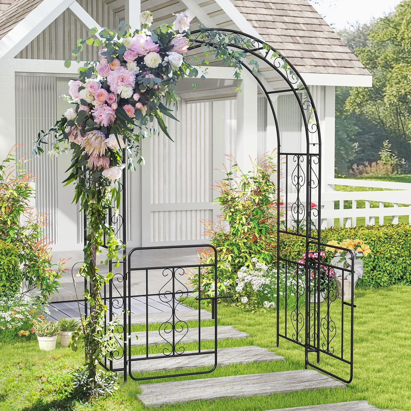 Garden Arbor with Gate with Multiple Side Crossbars and 4 Sharp Ground Stakes, Black Outdoor Decor at Gallery Canada