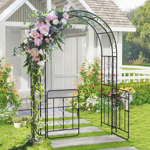 Garden Arbor with Gate with Multiple Side Crossbars and 4 Sharp Ground Stakes, Black