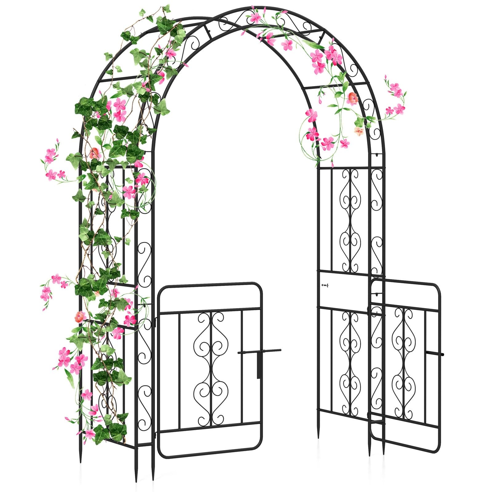 Garden Arbor with Gate with Multiple Side Crossbars and 4 Sharp Ground Stakes, Black Outdoor Decor at Gallery Canada