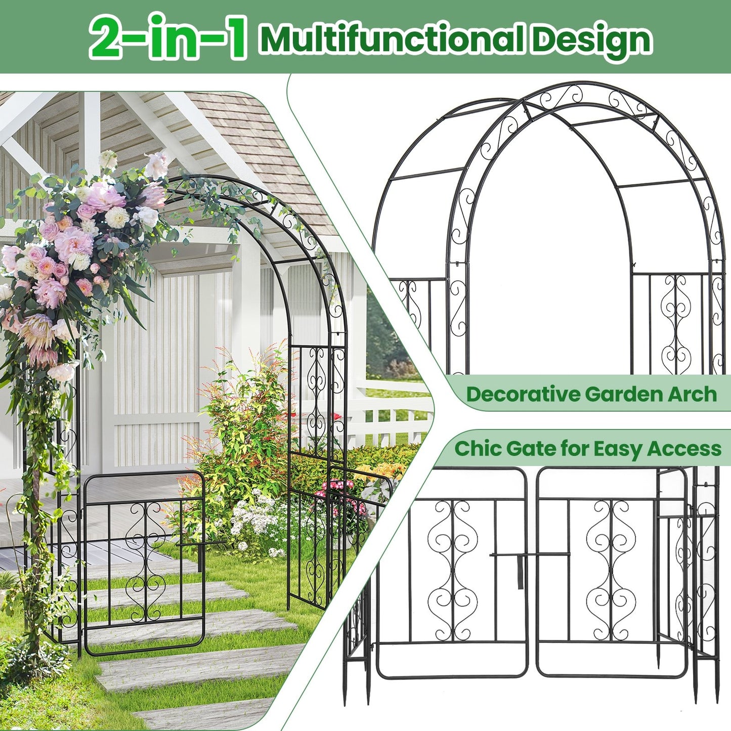 Garden Arbor with Gate with Multiple Side Crossbars and 4 Sharp Ground Stakes, Black Outdoor Decor at Gallery Canada